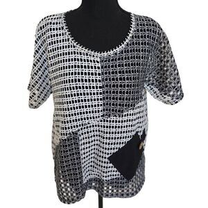 Onque Casual Womens Knit Open Weave Layered Short Sleeve Top Black White Small